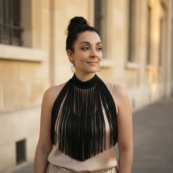 Producto - Collar De Flecos De Seda Recto Negro