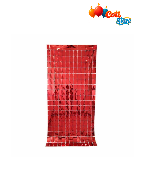 Producto - Cortina Metalizada a Cuadros Roja 2x1mts