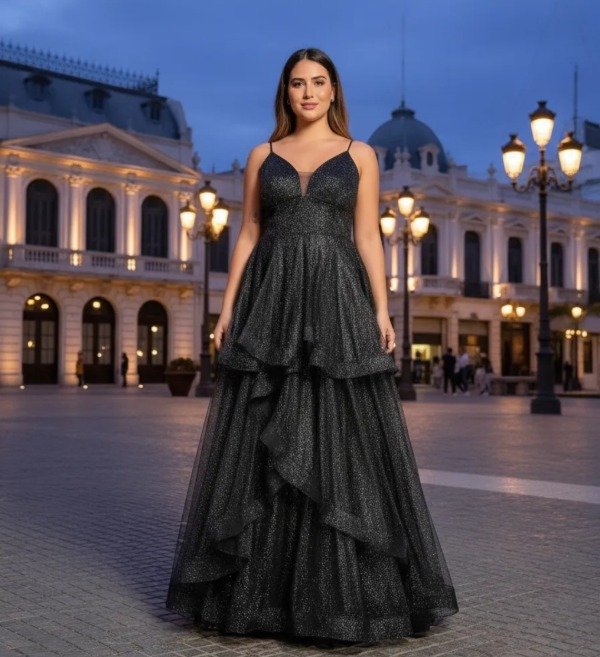 Vestido largo capas de tul con glitter Shara S39