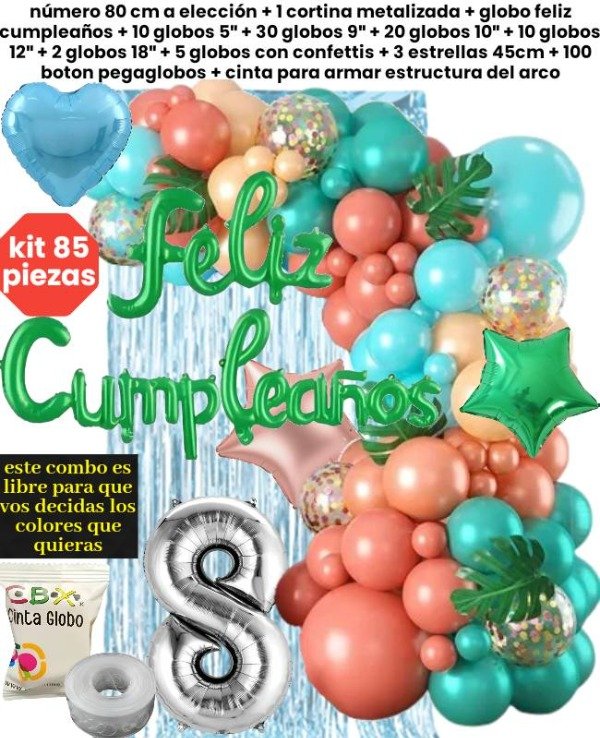 Producto - Kit 85 piezas globos verde rosa naranja celeste