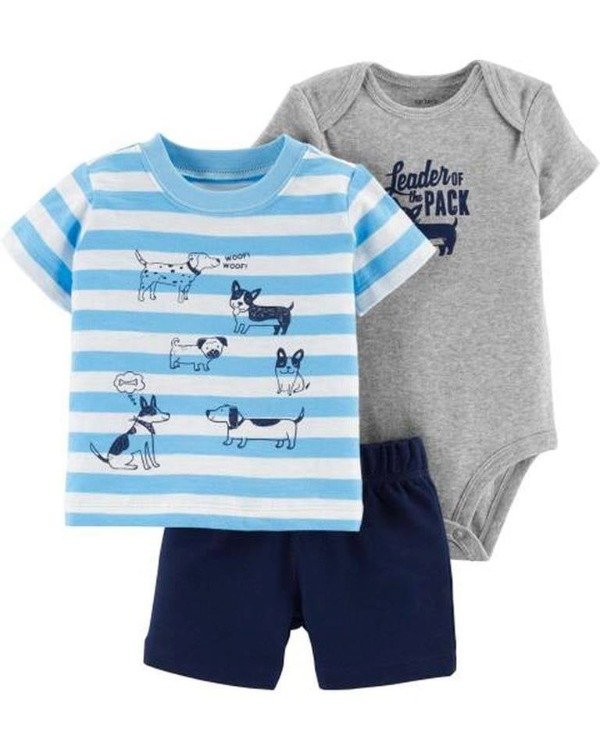 Producto - Trio Bebe Verano Rayado con Celeste Perros