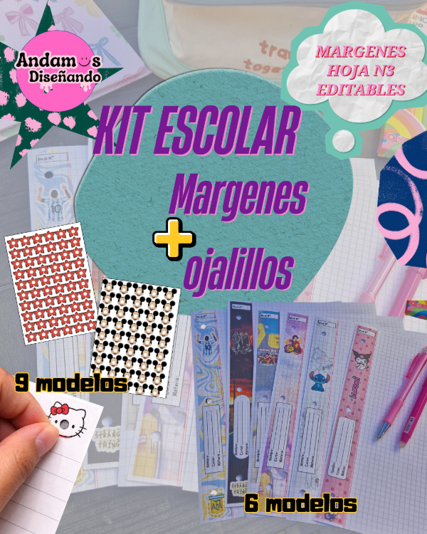 Producto - KIT ESCOLAR EDITABLE. Márgenes editables hoja N3 y Ojalillos