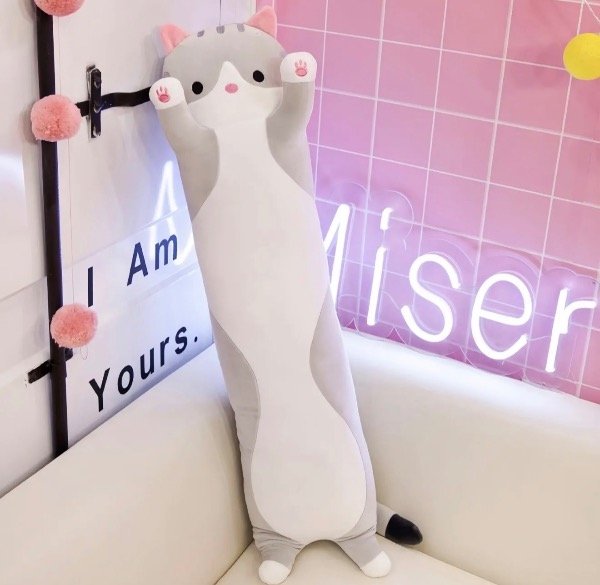 Producto - Peluche Gato.BLANCO Y GRIS  Largo Grande Almohada 70 Cm  Kawaii
