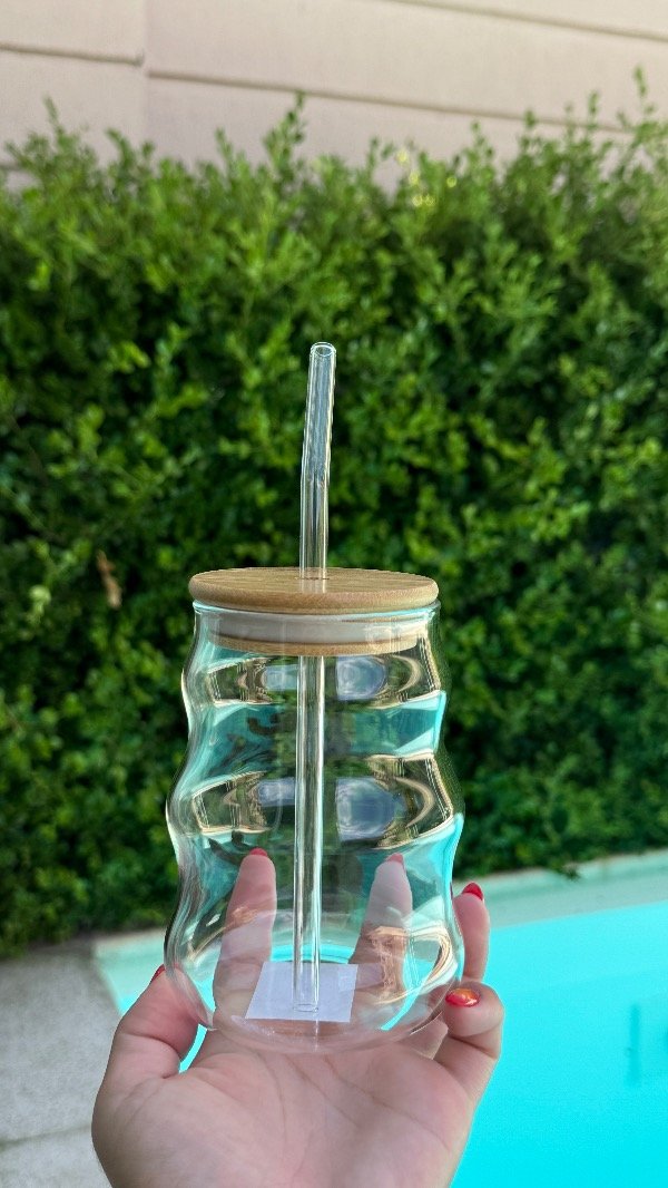 Producto - Vaso de vidrio c/sorbete y tapa de bambú 500ml