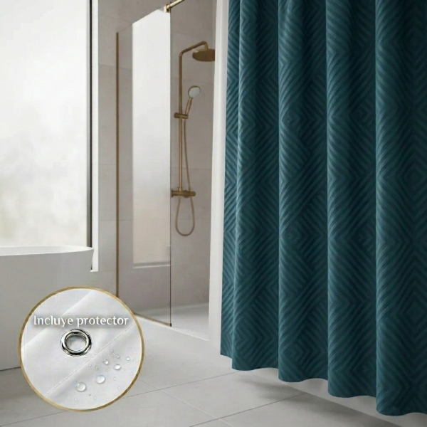 Producto - Cortina de baño Tela con textura 3D Cuadricula + Protector y Ganchos