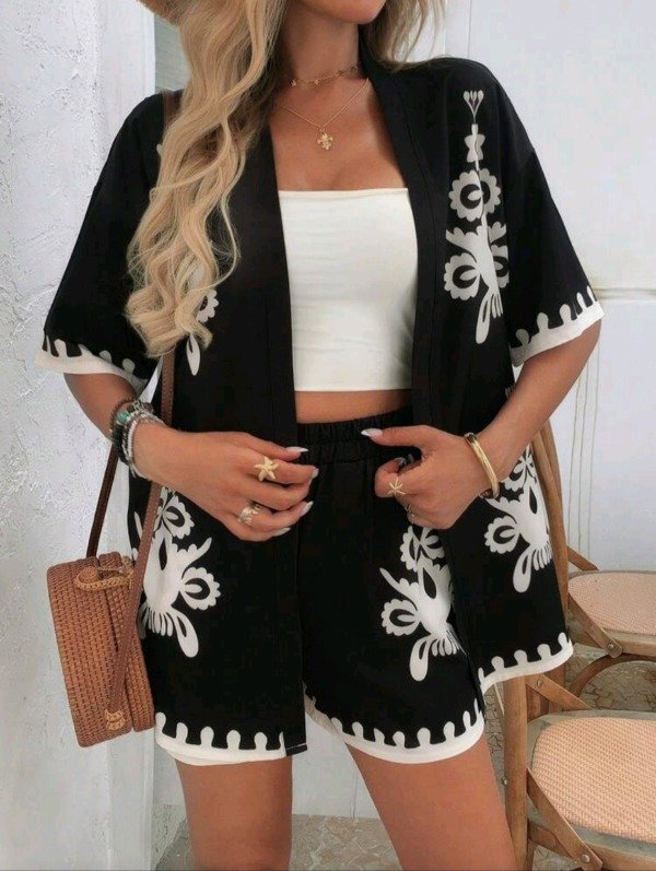 Producto - Set Shein Kimono y Short estampado Negro