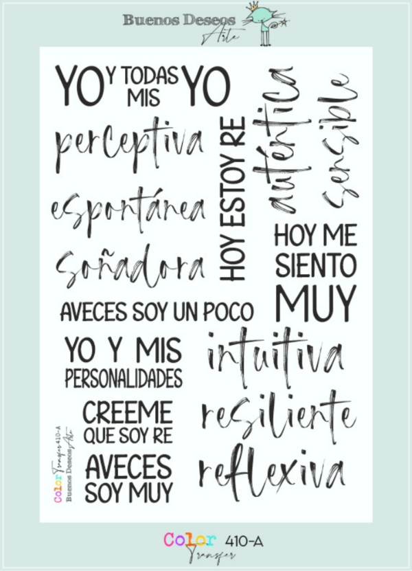 Producto - Lámina DTF Termotransferible A4 Colección Personalidades 410 A - Buenos Deseos
