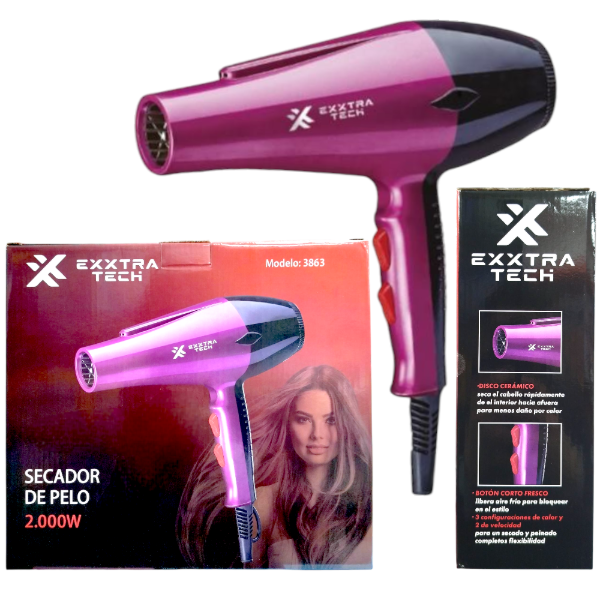 Producto - Secador De Pelo Enchufe 2000W 3+2 Ajustes Exxtra Tech 3863