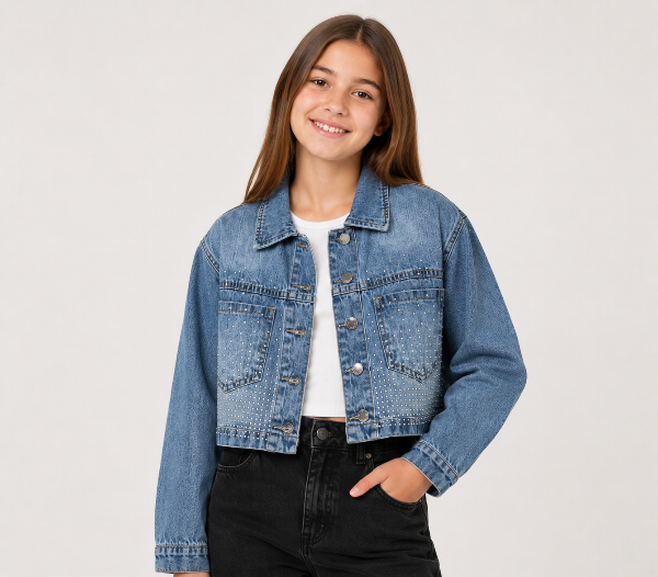 Producto - CAMPERA JEAN MOM NIÑA STRASS