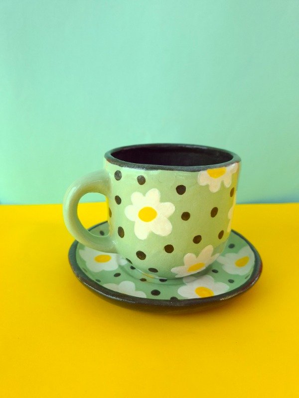 Producto - Taza y plato - Verde agua y Margaritas