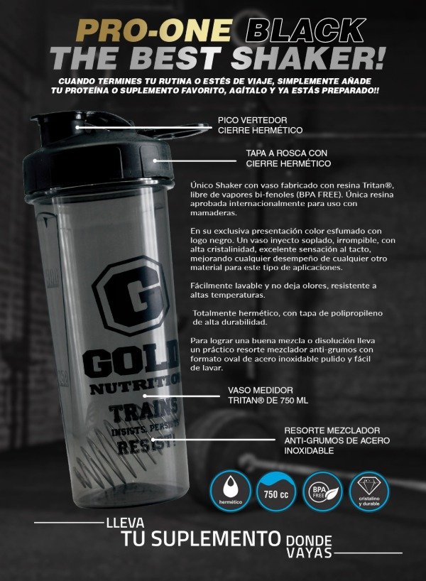 Producto - Shaker Pro One Gold Nutrition Mezclador Proteína Con Resorte Acero Inoxidable - 1