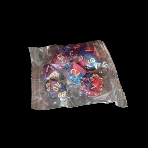 Producto - Set de 7 Dados - Galaxia Morado y Rosa Marmolado con Purpurina
