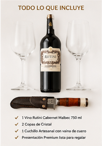 Producto - Caja de Regalo Rutini Cabernet Malbec + 2 Copas de Cristal + Cuchillo Artesanal - 2