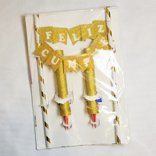 Producto - Set banderines FELIZ CUMPLE + bengalas color dorado letra blanca