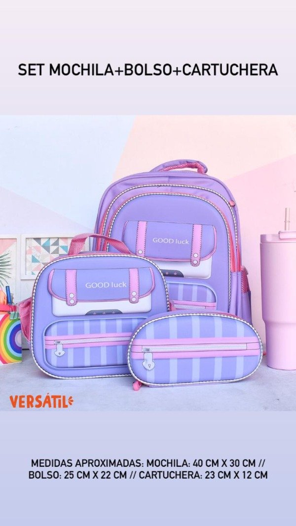 Producto - Set mochila + bolso + cartuchera lila