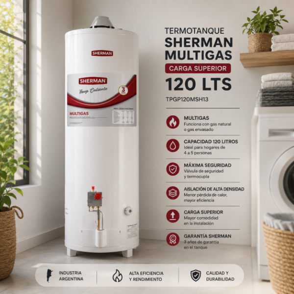 Producto - TERMOTANQUE SHERMAN  MULTIGAS CARGA SUPERIOR 120LTS TPGP120MSH13