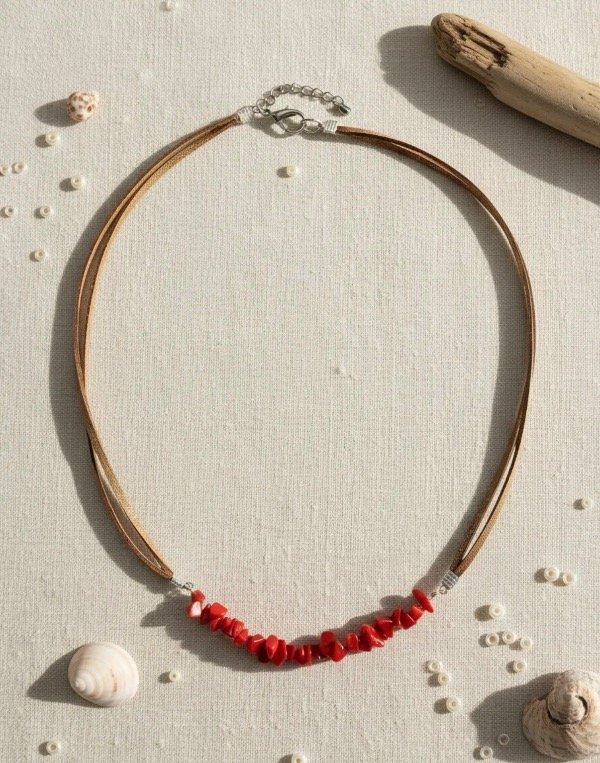 Producto - Collar de gamuza y piedras. Jaspe Colorado