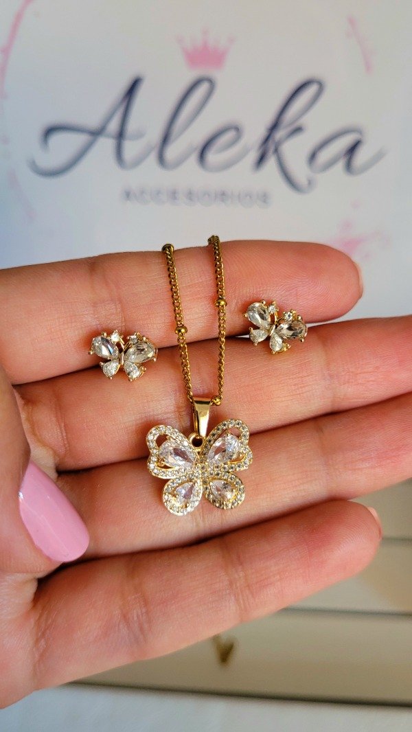 Producto - Conjunto collar y aros mariposa con cubic y micropavé de acero dorado - 2
