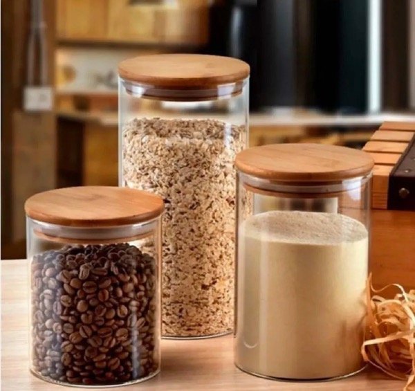 Producto - Set Frascos Organizadores Vidrio Cocina Tapa Bambú