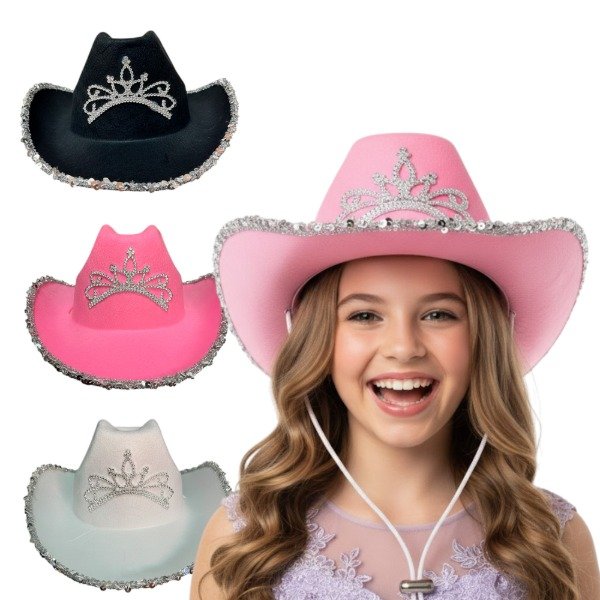 Producto - Sombrero Vaquero Con Corona Lentejuelas Blanco / Negro / Rosa