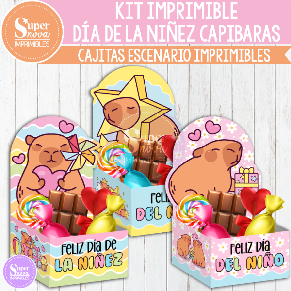 Producto - KIT IMPRIMIBLE DÍA DE LA NIÑEZ CAPIBARAS CAJITAS BANDEJA ESCENARIO