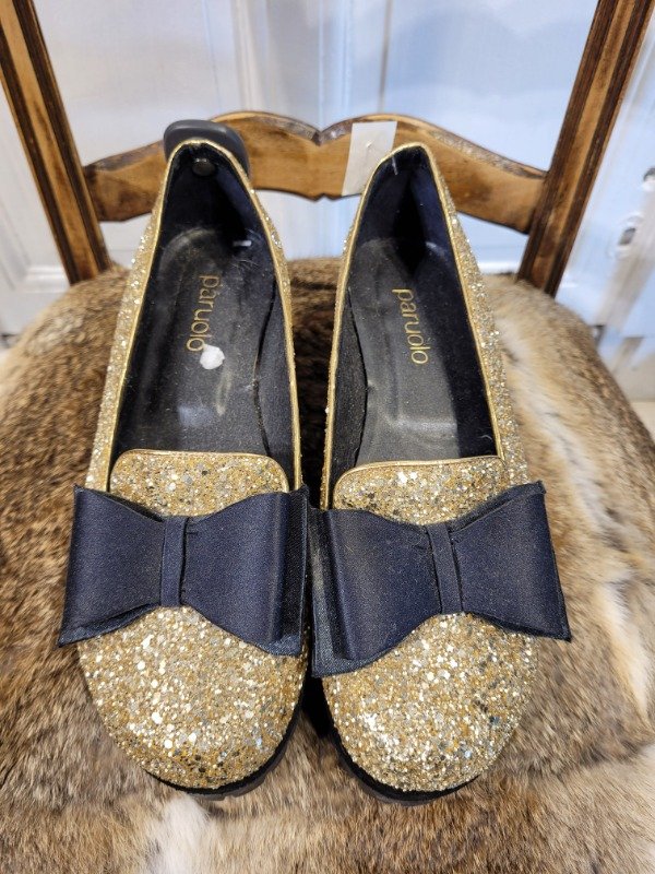 Producto - Zapatos PARUOLO plataforma glitter dorado y moño- Talle 40- PRECIO:32X - 1