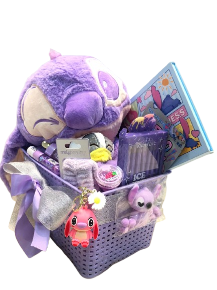 Producto - CANASTA CON PELUCHE STITCH CON MANTA + MAQUILLAJE