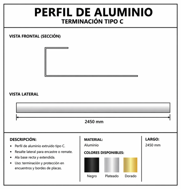 Producto - Tira Terminación Aluminio C Plateado 2.45 mt