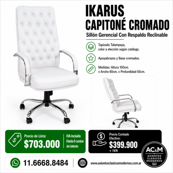 Producto - Sillón Gerencial IKARUS CAPITONÉ, Tapizado Talampaya Blanco!!