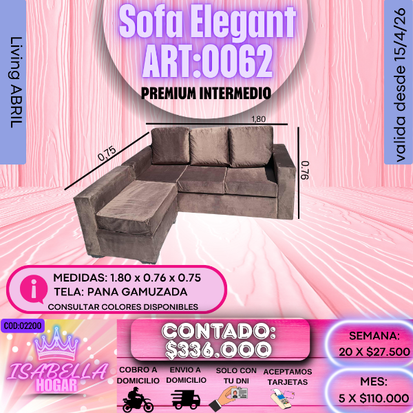 Producto - SOFA ELEGANT PREMIUM INTERMEDIO CON CAMASTRO PANA GAMUZADA COD:02200