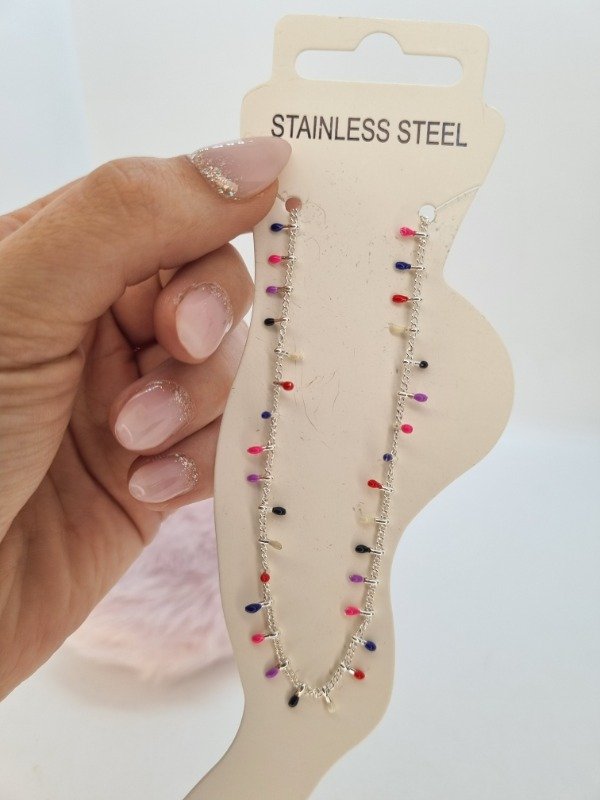 Producto - Tobillera acero blanco pelotitas mini color