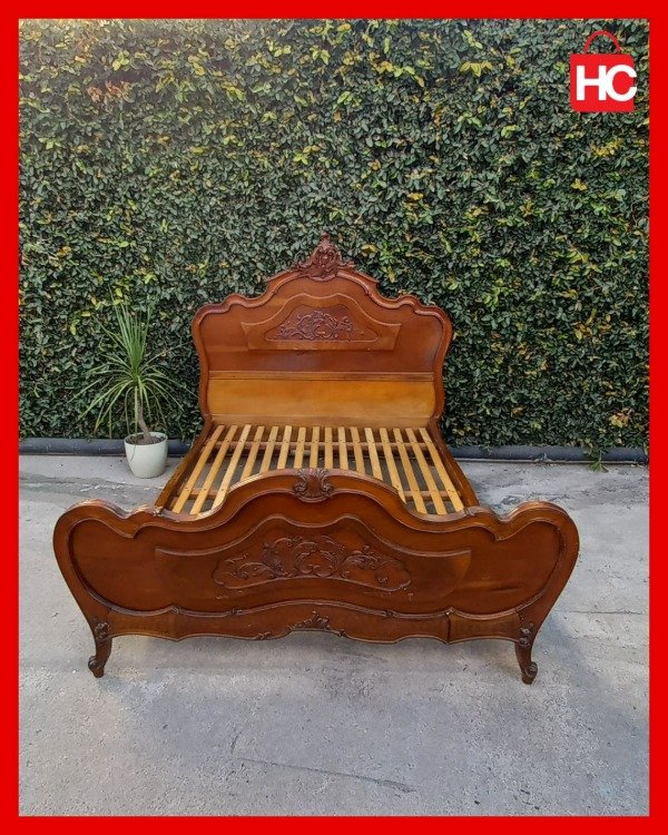 Producto - Cama de 2 plazas estilo Francés Luis XV / Provenzal en madera maciza tallada - 0