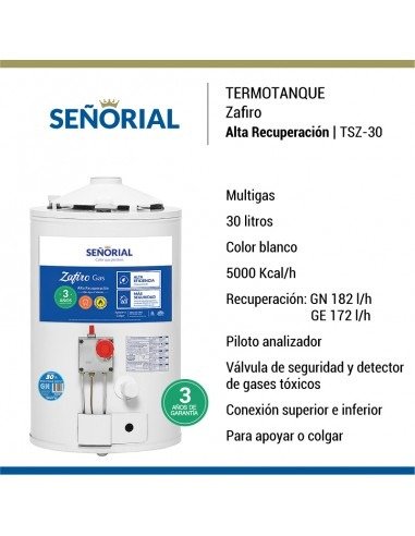 Producto - TERMOTANQUE SEÑORIAL ALTA RECUPERACION AGAS 30LTS CARGA INFERIOR TSZ-30