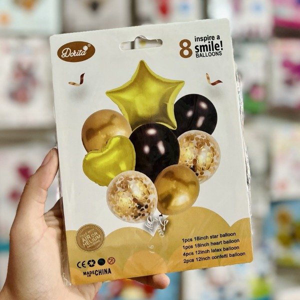 Producto - Set de globos DORADO Y NEGRO / Estrella corazón 8 pcs
