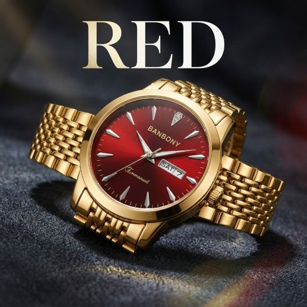 Producto - Reloj Banbony para hombre dorado con esfera roja - 1
