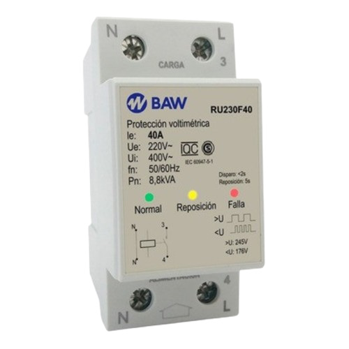 Producto - Protector de Tensión 40 Amp alta/baja para riel Din Baw