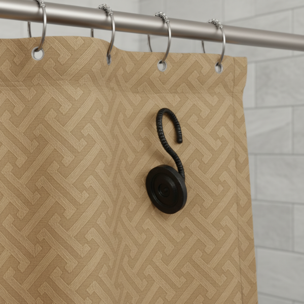 Producto - Kit Cortina para Baño 3D con Protector + Ganchos  "Mostaza Laberinto"