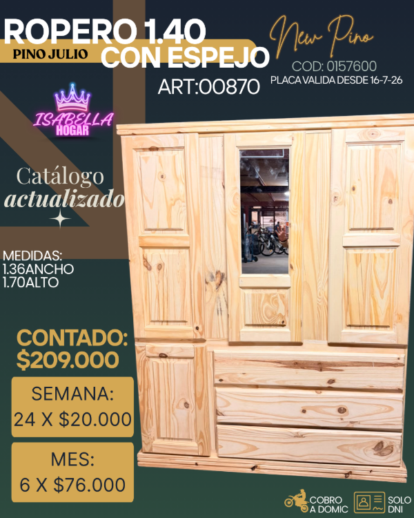 Producto - ROPERO PINO 1.40 CON ESPEJO NEW - 0
