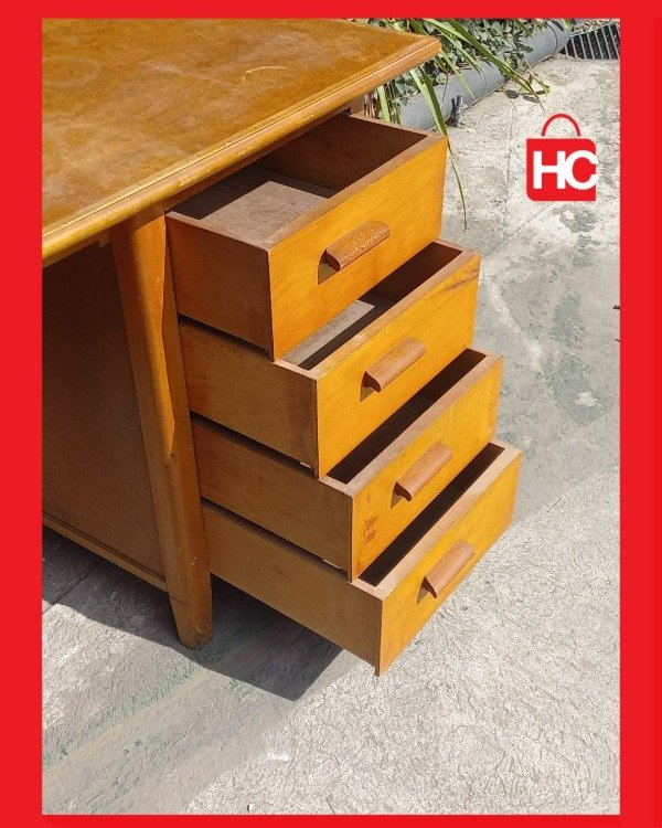 Producto - Gran escritorio de oficina vintage en madera con doble cajonera - 8