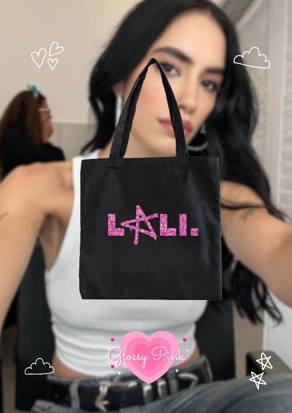 Tote bag Lali logo vinilo textil glitter rosa