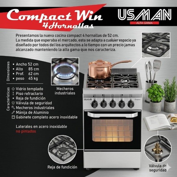 Producto - COCINA USMAN INOXIDABLE COMPACT 52CM 4H P/V ACERO