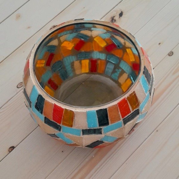 Producto - Fanal intervenido con mosaico - Azul, celeste y naranja