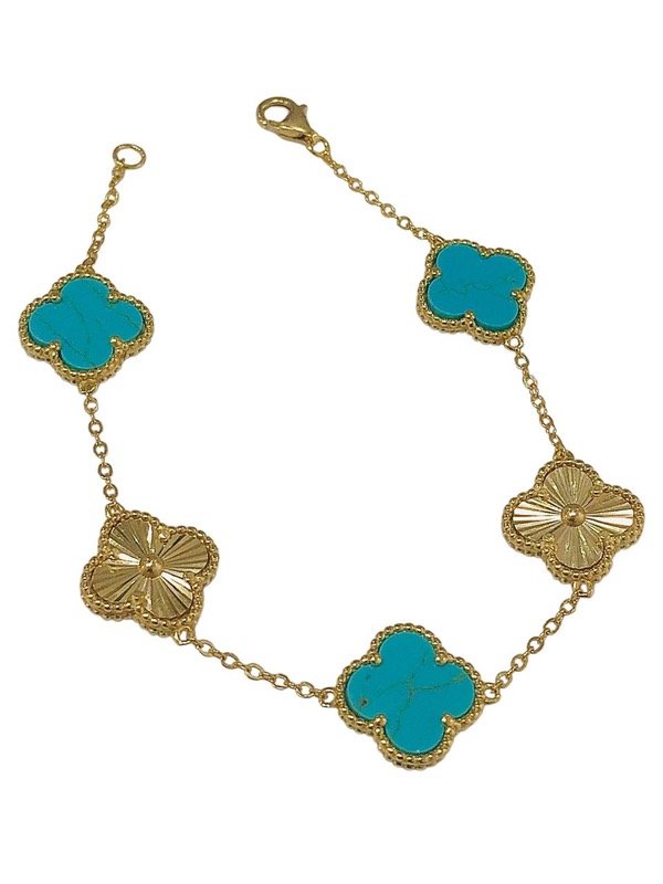 Producto - Pulsera Plata 925 Dorada Trebol combinada Turquesa