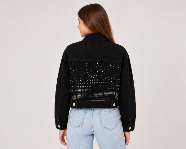 Producto - CAMPERA JEAN MOM NIÑA STRASS NEGRA - 0