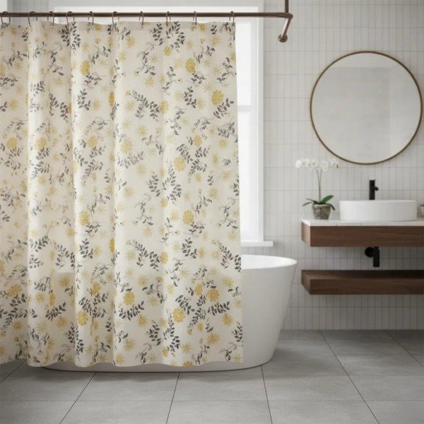 Producto - CORTINA PARA BAÑO DE RASO TEFLONADA ESTAMPA "FLORES AMARILLAS"