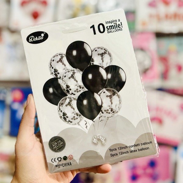Producto - Set de Globos Látex Perlado y Confetti Negro 10pcs