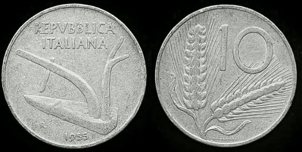 Producto - Italia - 10 Liras (1955) KM #93 [VF-] - Hegemonía Demócrata-Cristiana