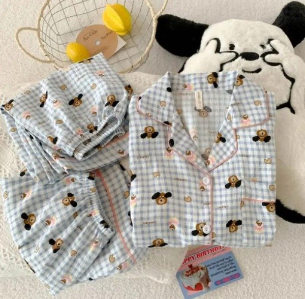 Producto - Pijama Camisero Mujer Kawaii 3 Piezas Perritos Cuadros
