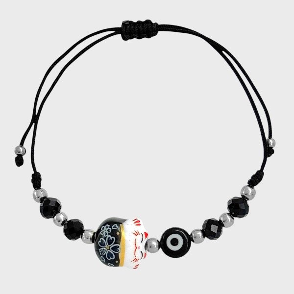 Producto - Pulsera de hilo y acero quirúrgico - Gatito - Amuletos - Negro