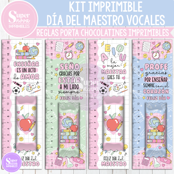 Producto - KIT IMPRIMIBLE DÍA DEL MAESTRO VOCALES REGLAS PORTA CHOCOLATINES GOLOSINAS